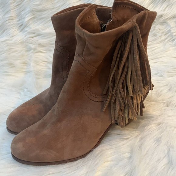Sam Edelman Louie Fringe Heeled Ankle Boots Booties Size 8 in Soft Saddle Color - Picture 4 of 6